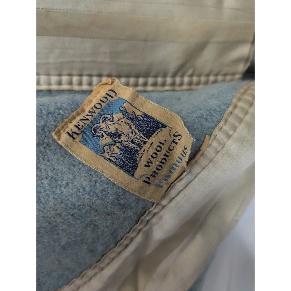 Vintage Kenwood Wool Satin Trim Teal Blue Blanket 73X84 In